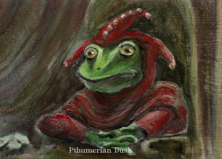 Jester Frog (after Matejko), oil on board, 2025