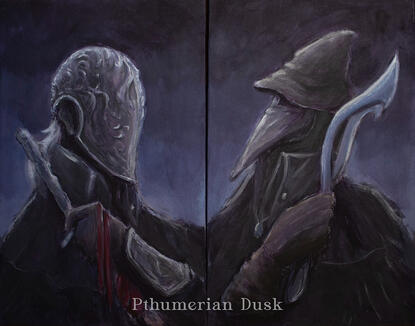 Eileen and The Crow (Bloodborne), acrylics on canvas board, 2025